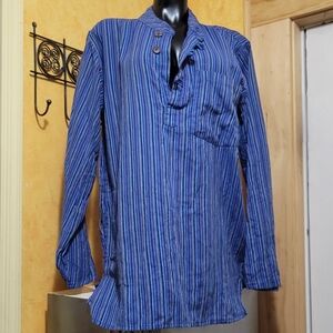 Nepalese Kurtha Cotton Long Sleeve Shirt Blue Striped Men's XL